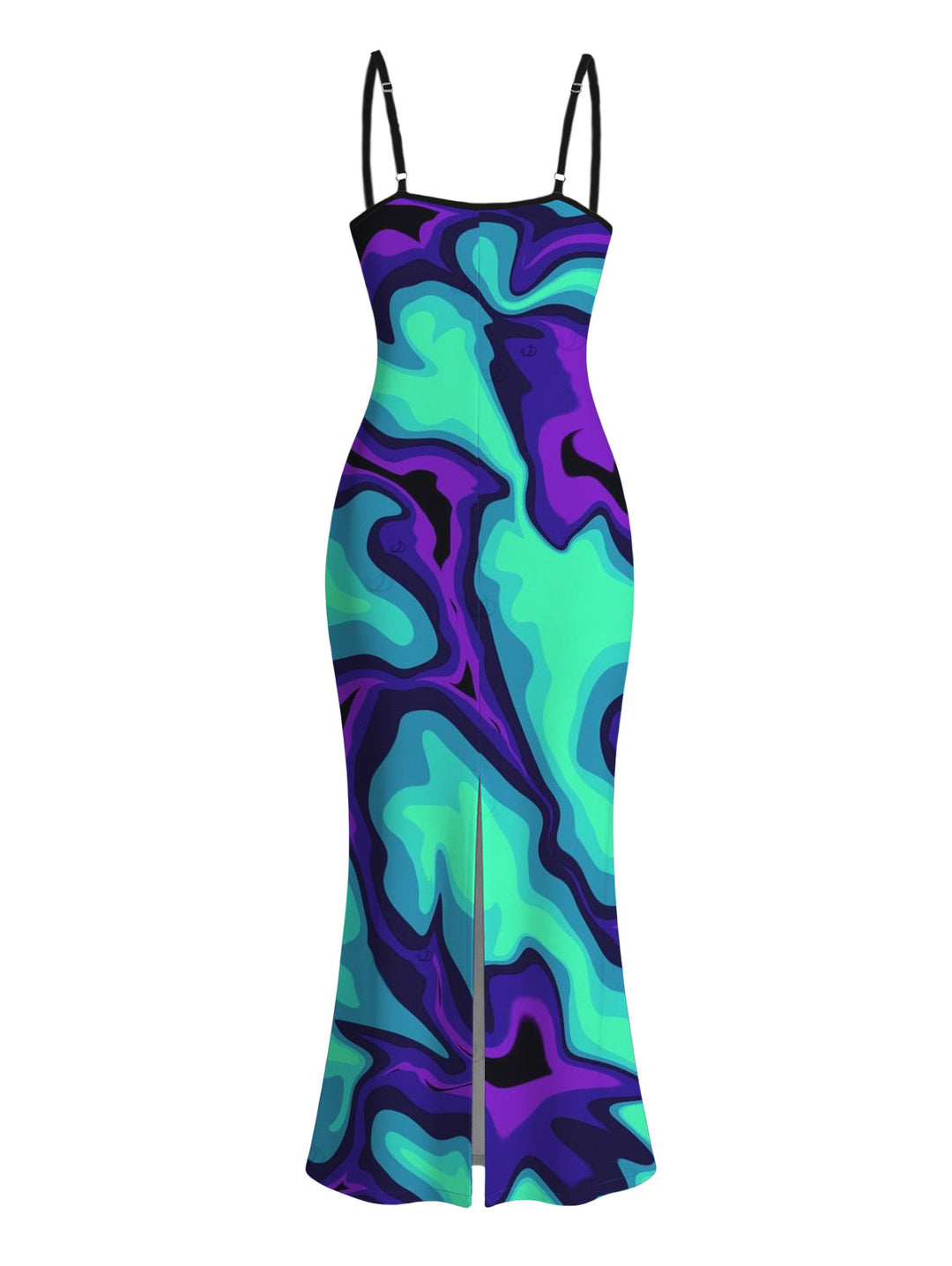 Colorblock Fluid Swirl Ombre Print Spaghetti Strap Maxi Bodycon Cyberpunk Dress