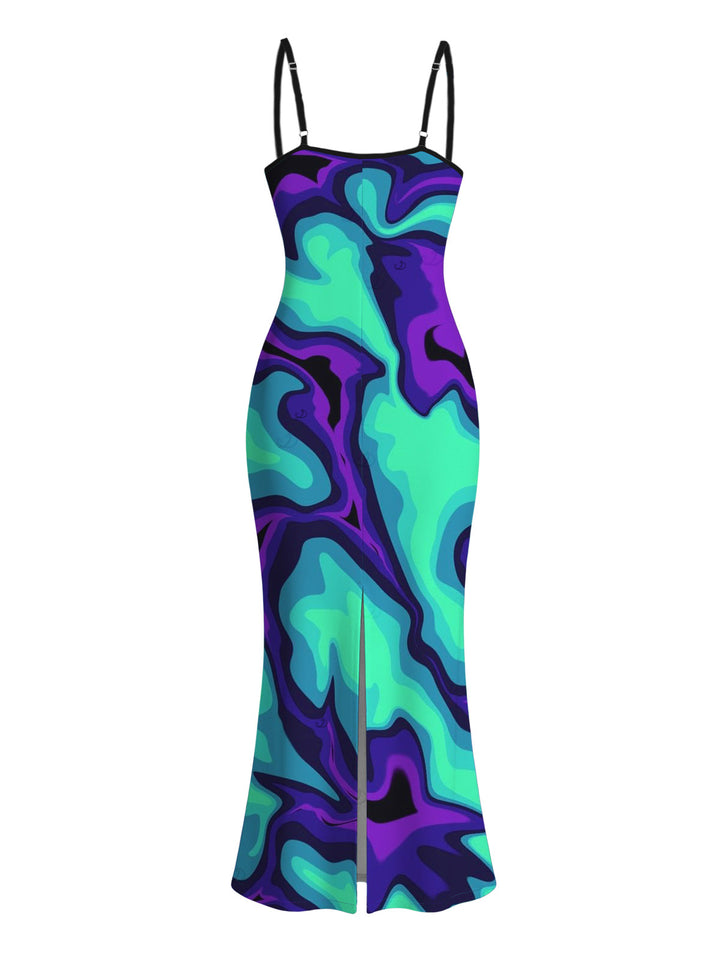 Colorblock Fluid Swirl Ombre Print Spaghetti Strap Maxi Bodycon Cyberpunk Dress