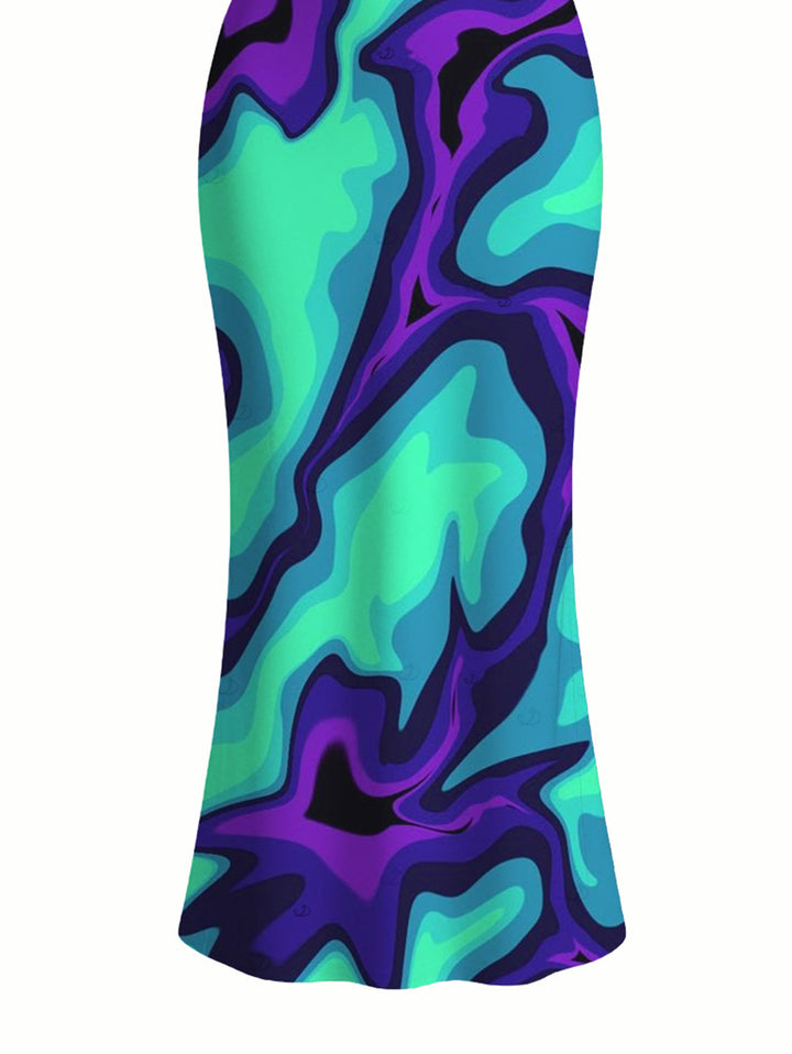 Colorblock Fluid Swirl Ombre Print Spaghetti Strap Maxi Bodycon Cyberpunk Dress