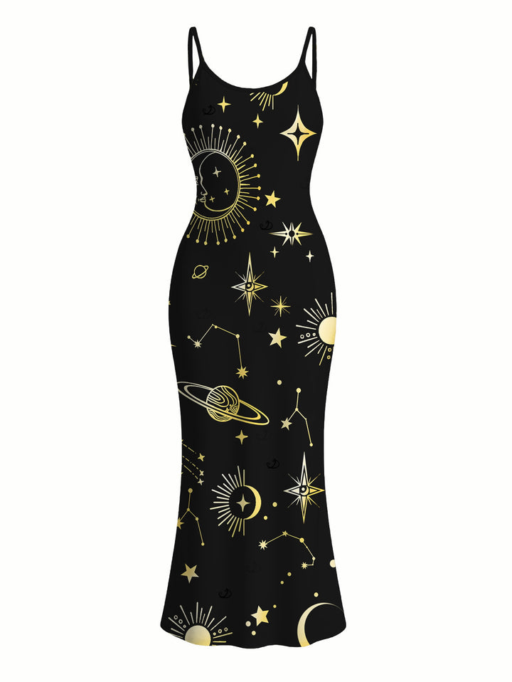 Celestial Sun Moon Planet Print Spaghetti Strap Maxi Bodycon Vacation Dress