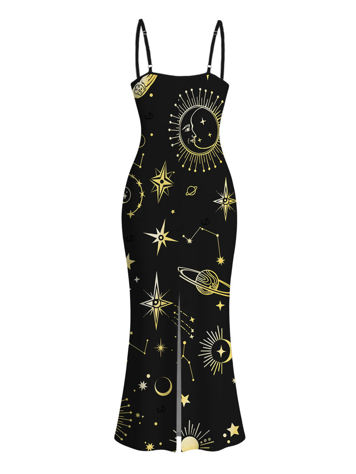 Celestial Sun Moon Planet Print Spaghetti Strap Maxi Bodycon Vacation Dress