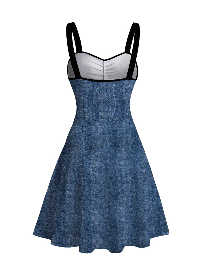 Vintage Faux Denim Print Sweetheart Neck Ruched Bust Mini Dress