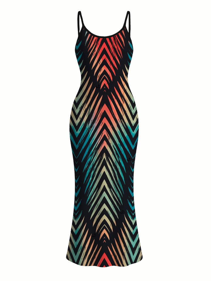 Vintage Ombre Zig Zag Print Spaghetti Strap Maxi Bodycon Vacation Dress