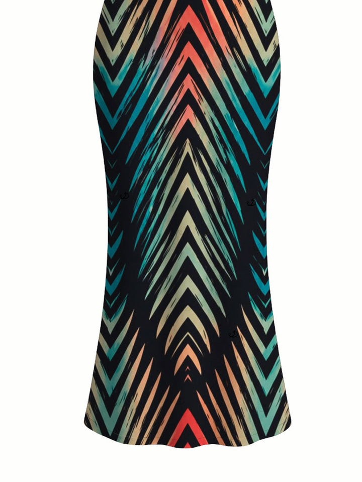 Vintage Ombre Zig Zag Print Spaghetti Strap Maxi Bodycon Vacation Dress