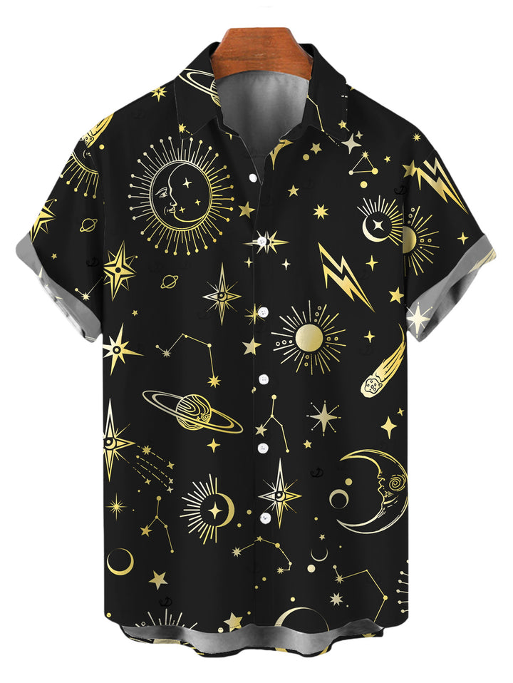 Men's Celestial Sun Moon Planet Print Button Up Vacation Shirt