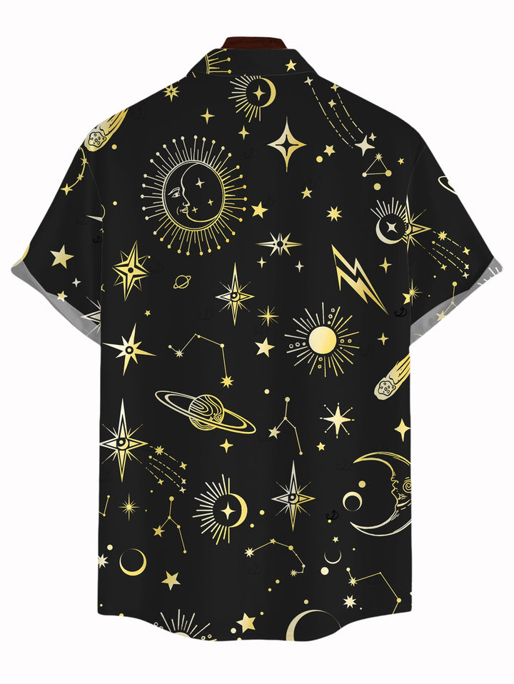 Men's Celestial Sun Moon Planet Print Button Up Vacation Shirt