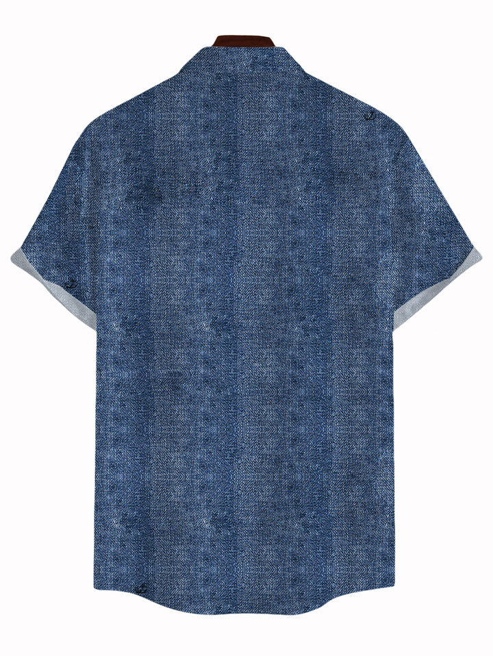Men's Vintage Faux Denim Print Button Up Casual Shirt