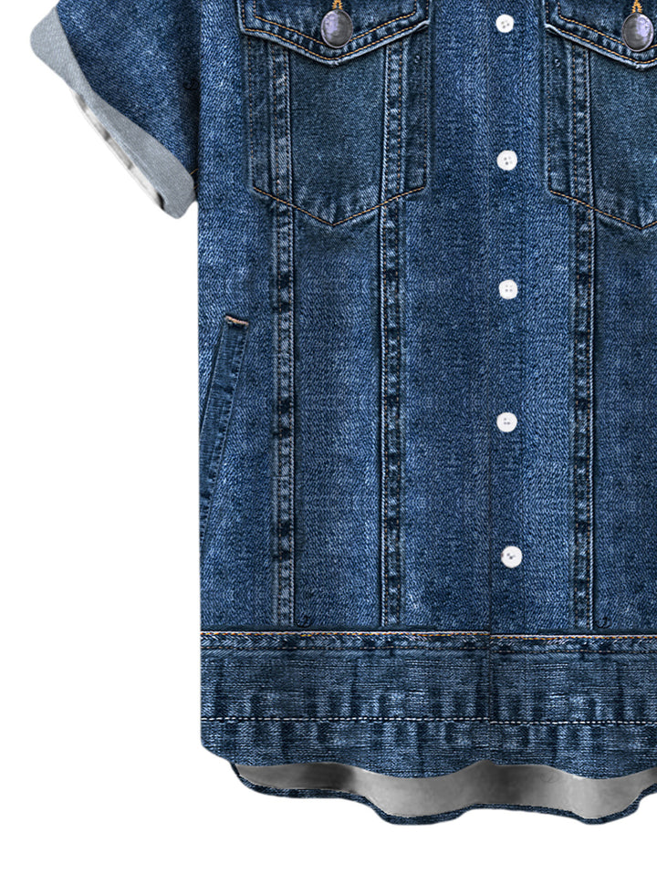 Men's Vintage Faux Denim Print Button Up Casual Shirt