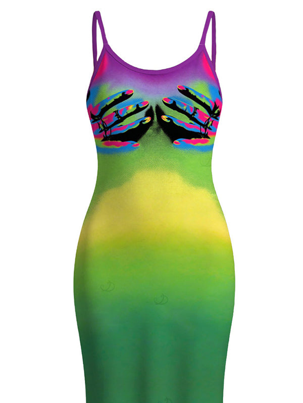 Neon Ombre Palm Hand Print Spaghetti Strap Maxi Bodycon Vacation Dress