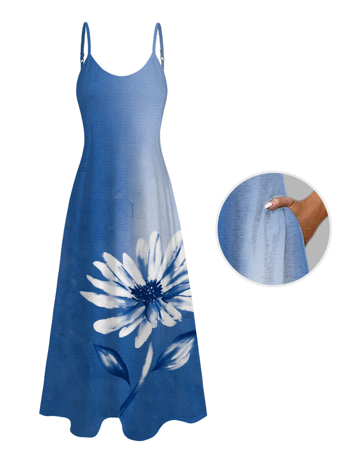 Ombre Ink Painting Daisy Print Pocket Spaghetti Strap Vacation Dress