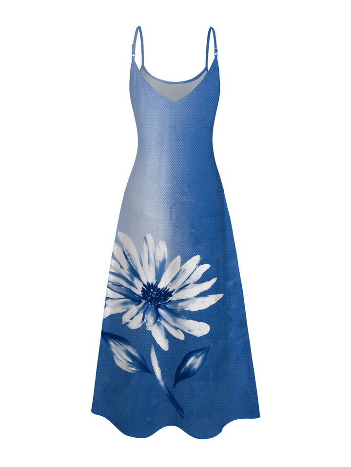 Ombre Ink Painting Daisy Print Pocket Spaghetti Strap Vacation Dress