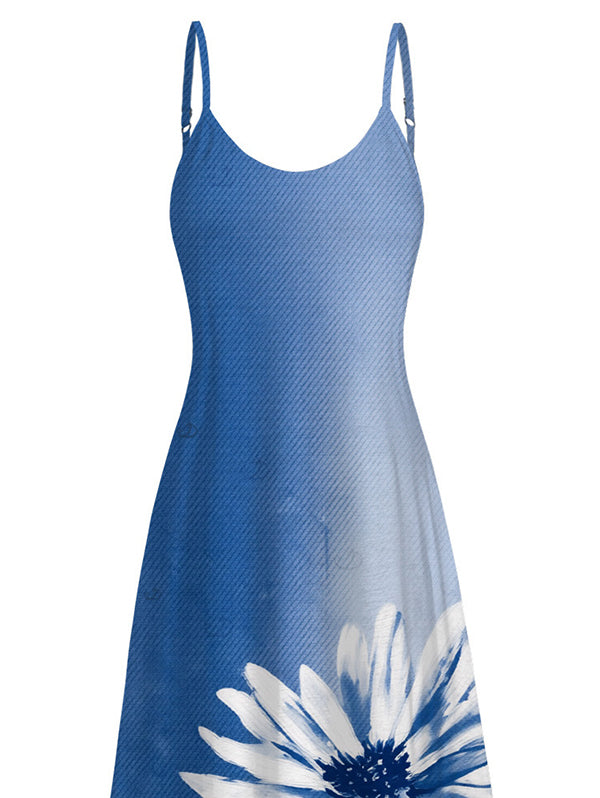 Ombre Ink Painting Daisy Print Pocket Spaghetti Strap Vacation Dress