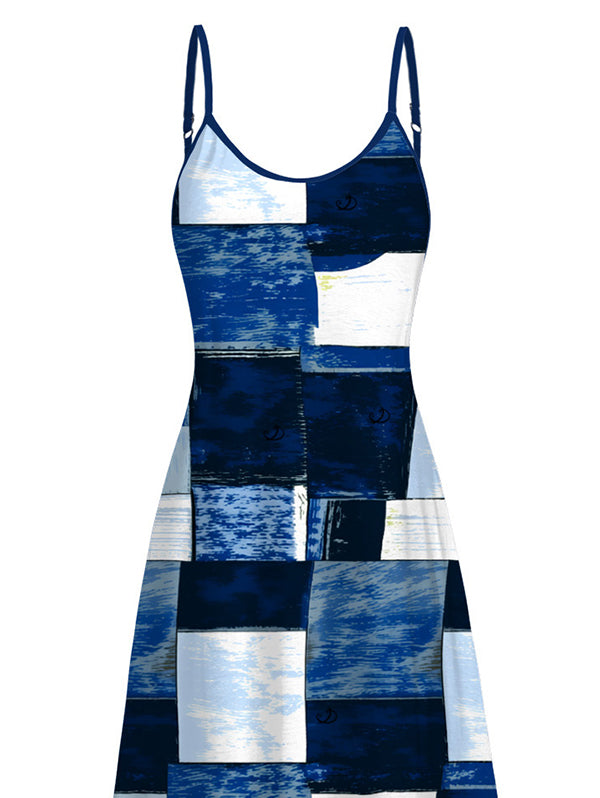 Oil Painting Geometric Patchwork Print Pocket Spaghetti Strap Vacation Dress