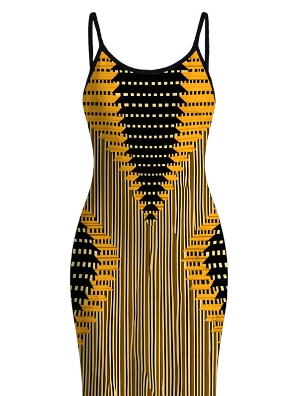 Colorblock Geometric Ethnic Print Spaghetti Strap Maxi Bodycon Bohemian Dress