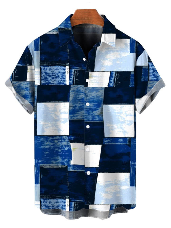 Men's Oil Painting Geometric Patchwork Print Button Up Vacation Shirt