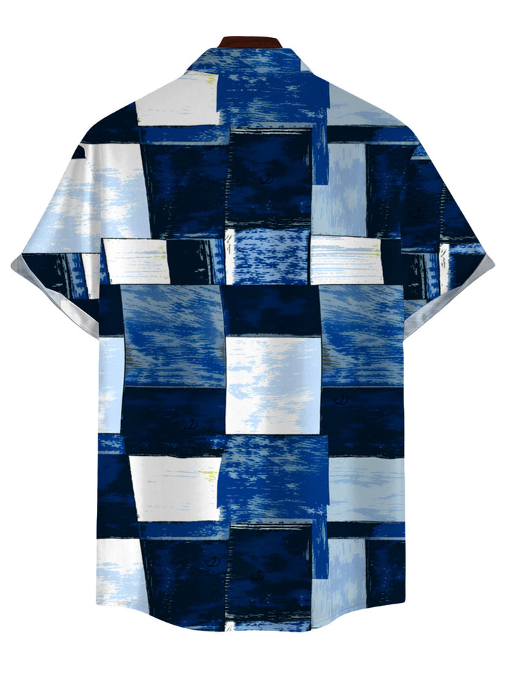 Men's Oil Painting Geometric Patchwork Print Button Up Vacation Shirt