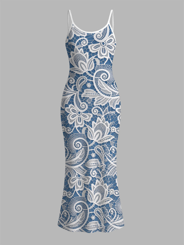 Floral Lace Panel Spaghetti Strap Maxi Bodycon Elegant Dress