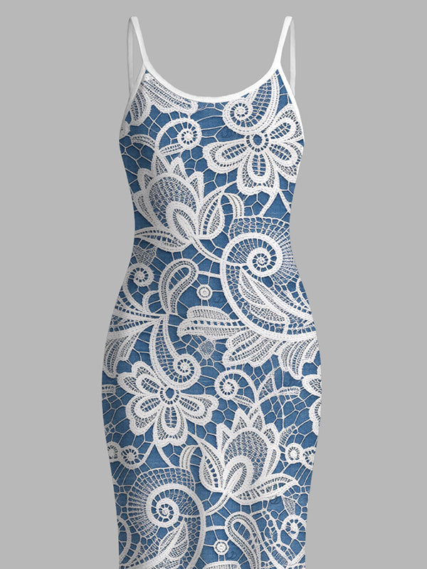 Floral Lace Panel Spaghetti Strap Maxi Bodycon Elegant Dress