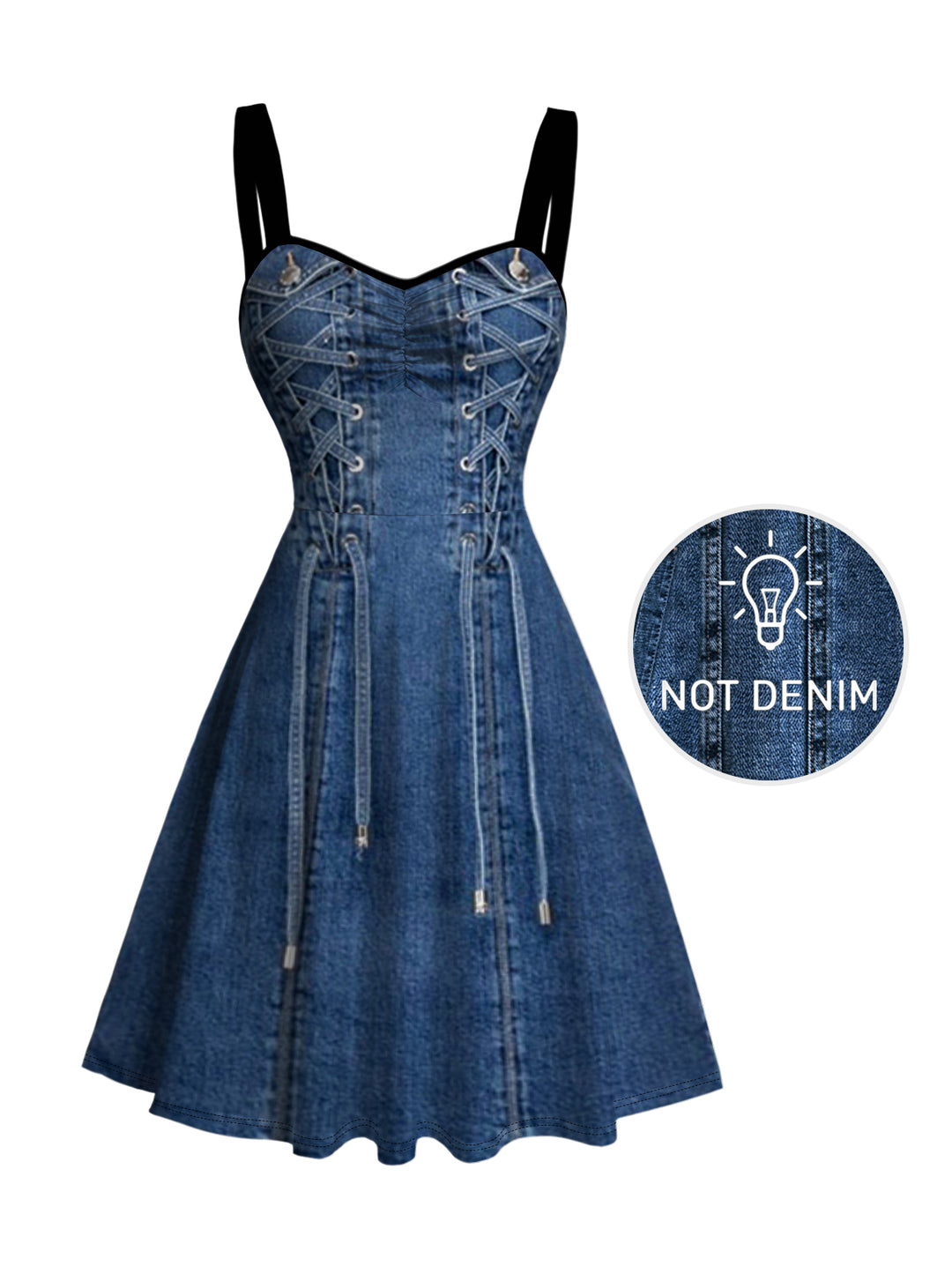 Vintage Faux Denim Print Sweetheart Neck Ruched Bust Mini Dress