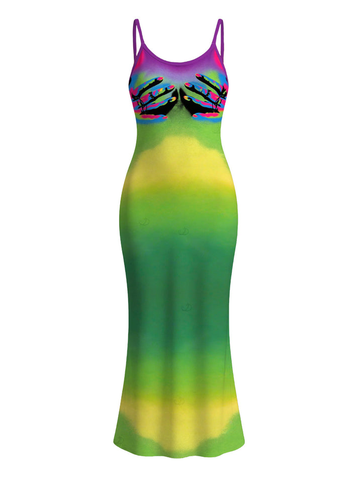 Neon Ombre Palm Hand Print Spaghetti Strap Maxi Bodycon Vacation Dress