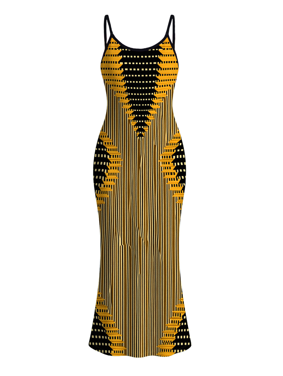 Colorblock Geometric Ethnic Print Spaghetti Strap Maxi Bodycon Bohemian Dress