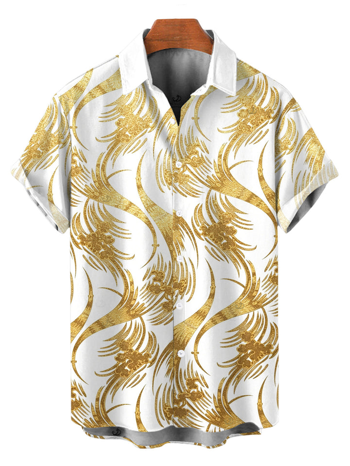Men's Metallic Gold Phoenix Print Button Up Vacation Shirt
