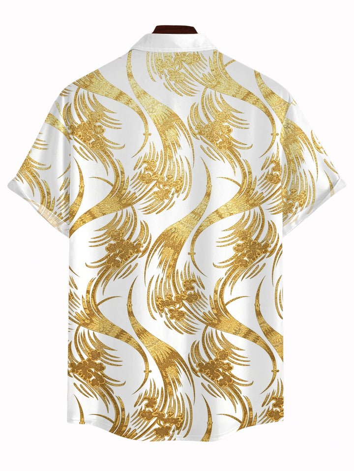 Men's Metallic Gold Phoenix Print Button Up Vacation Shirt