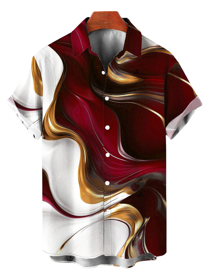 Men's Gold Fluid Abstract Marble Print Button Up Vacation Shirt