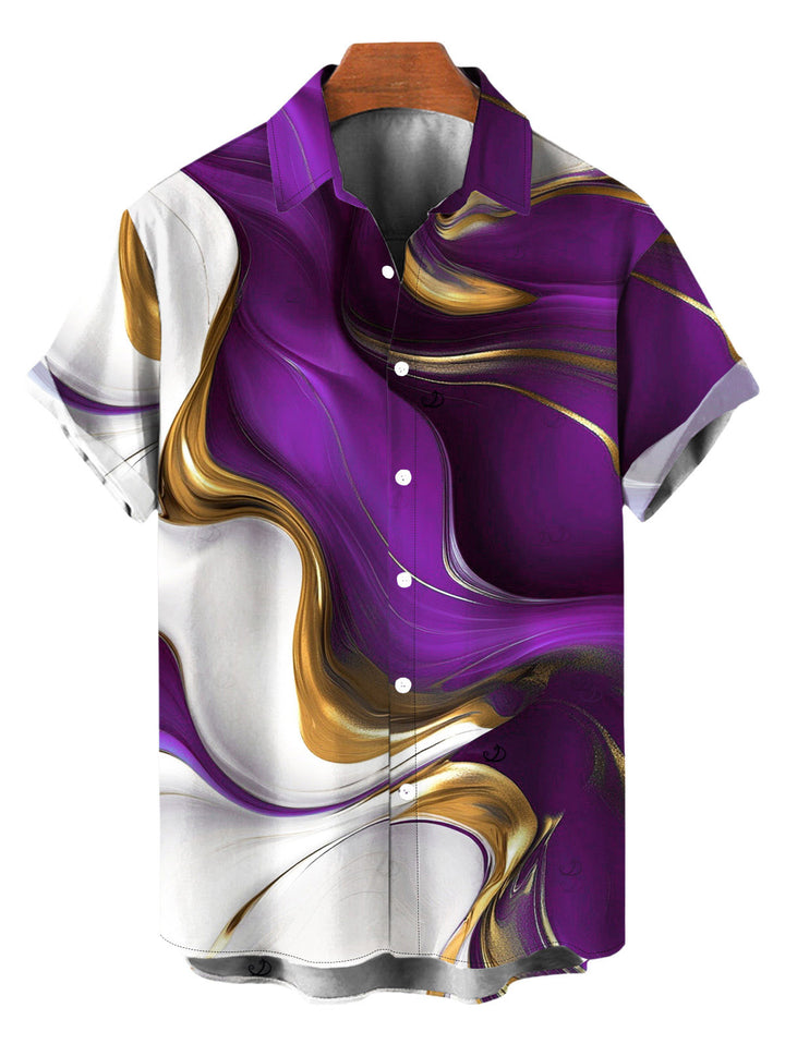 Men's Gold Fluid Abstract Marble Print Button Up Vacation Shirt