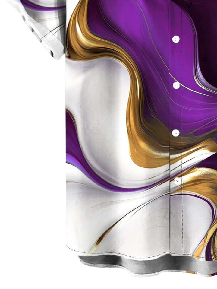 Men's Gold Fluid Abstract Marble Print Button Up Vacation Shirt