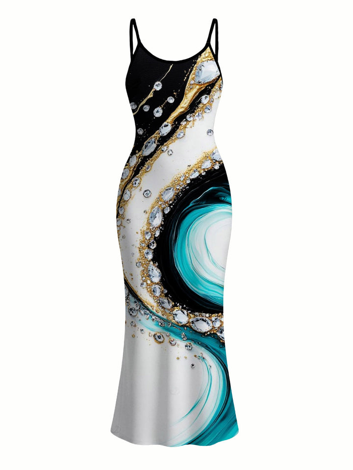 Metallic Gold Fluid Marble Swirl Ink Wash Print Spaghetti Strap Maxi Bodycon Vacation Dress