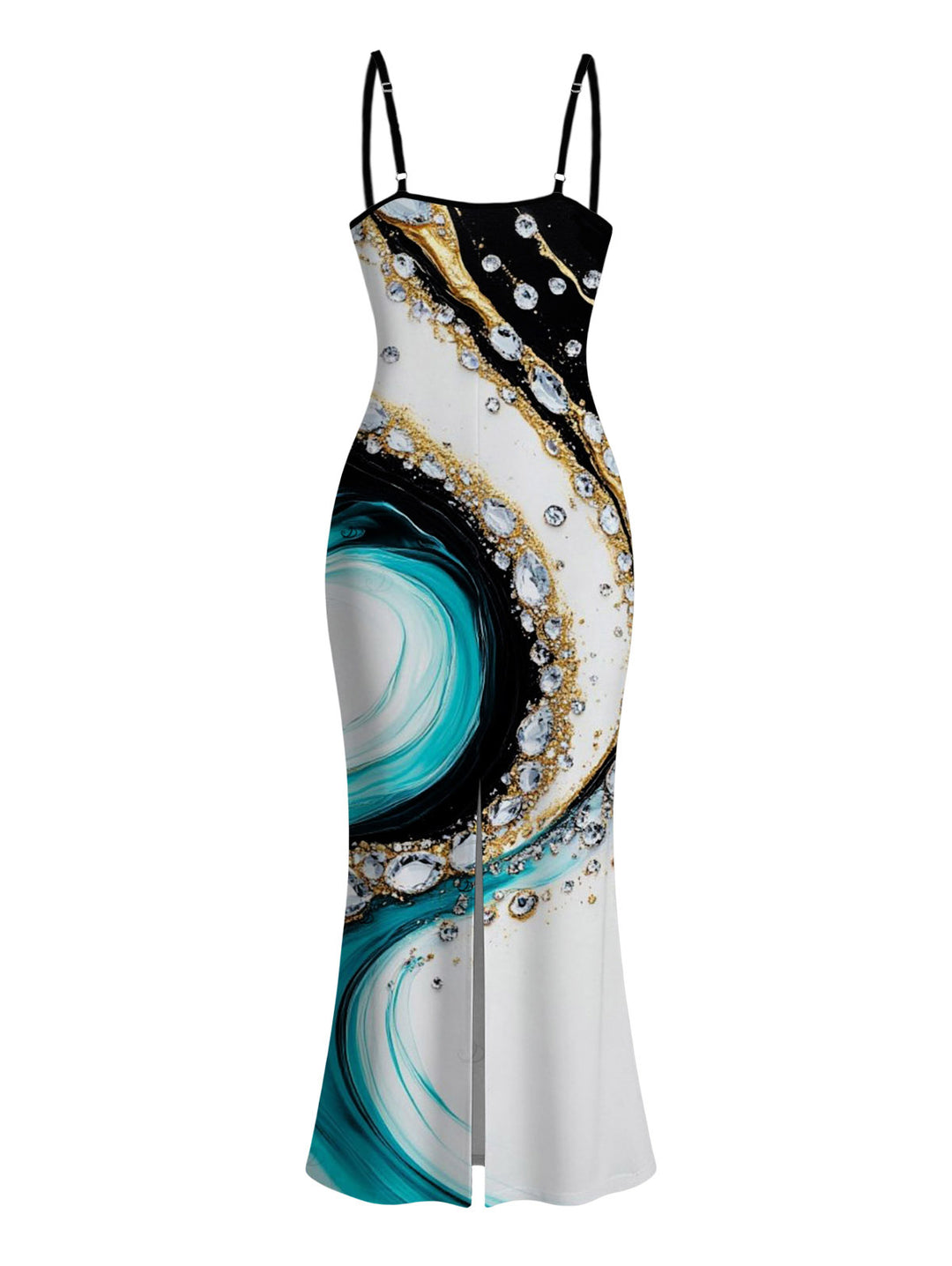 Metallic Gold Fluid Marble Swirl Ink Wash Print Spaghetti Strap Maxi Bodycon Vacation Dress