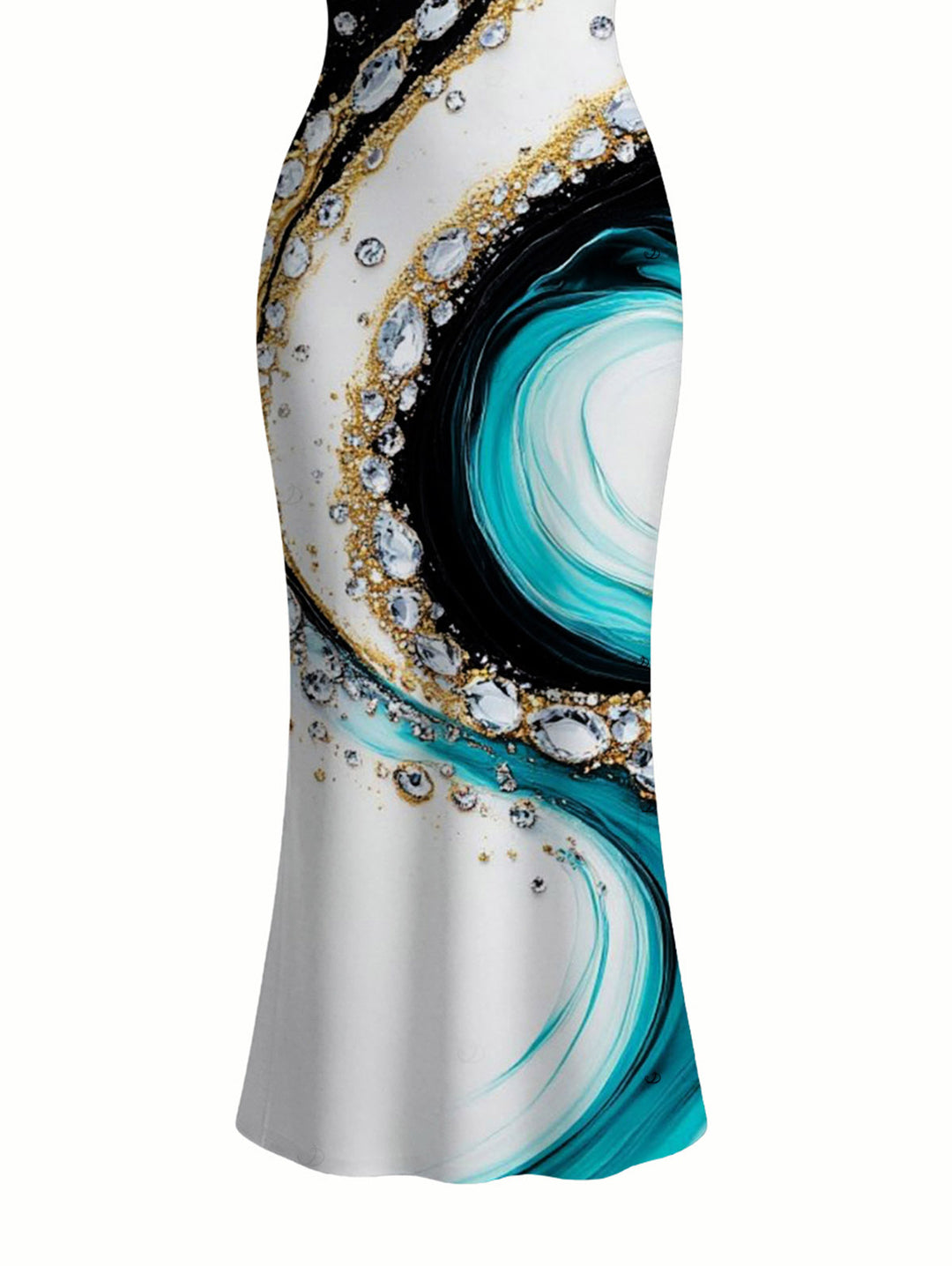 Metallic Gold Fluid Marble Swirl Ink Wash Print Spaghetti Strap Maxi Bodycon Vacation Dress