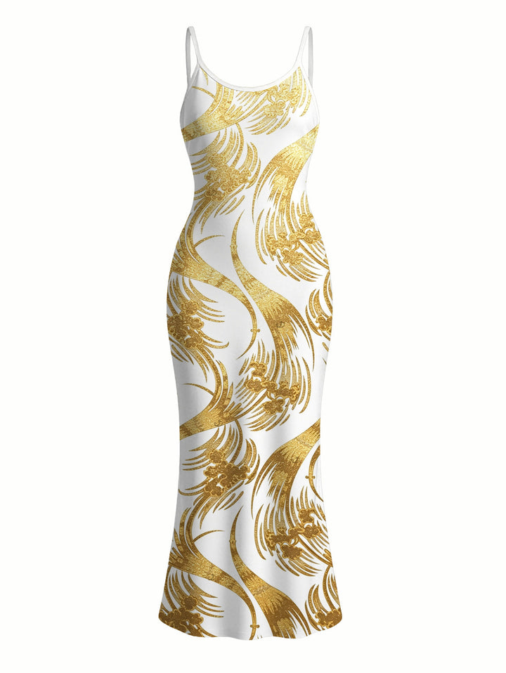 Metallic Gold Phoenix Print Spaghetti Strap Maxi Bodycon Vacation Dress