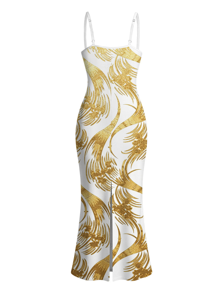 Metallic Gold Phoenix Print Spaghetti Strap Maxi Bodycon Vacation Dress