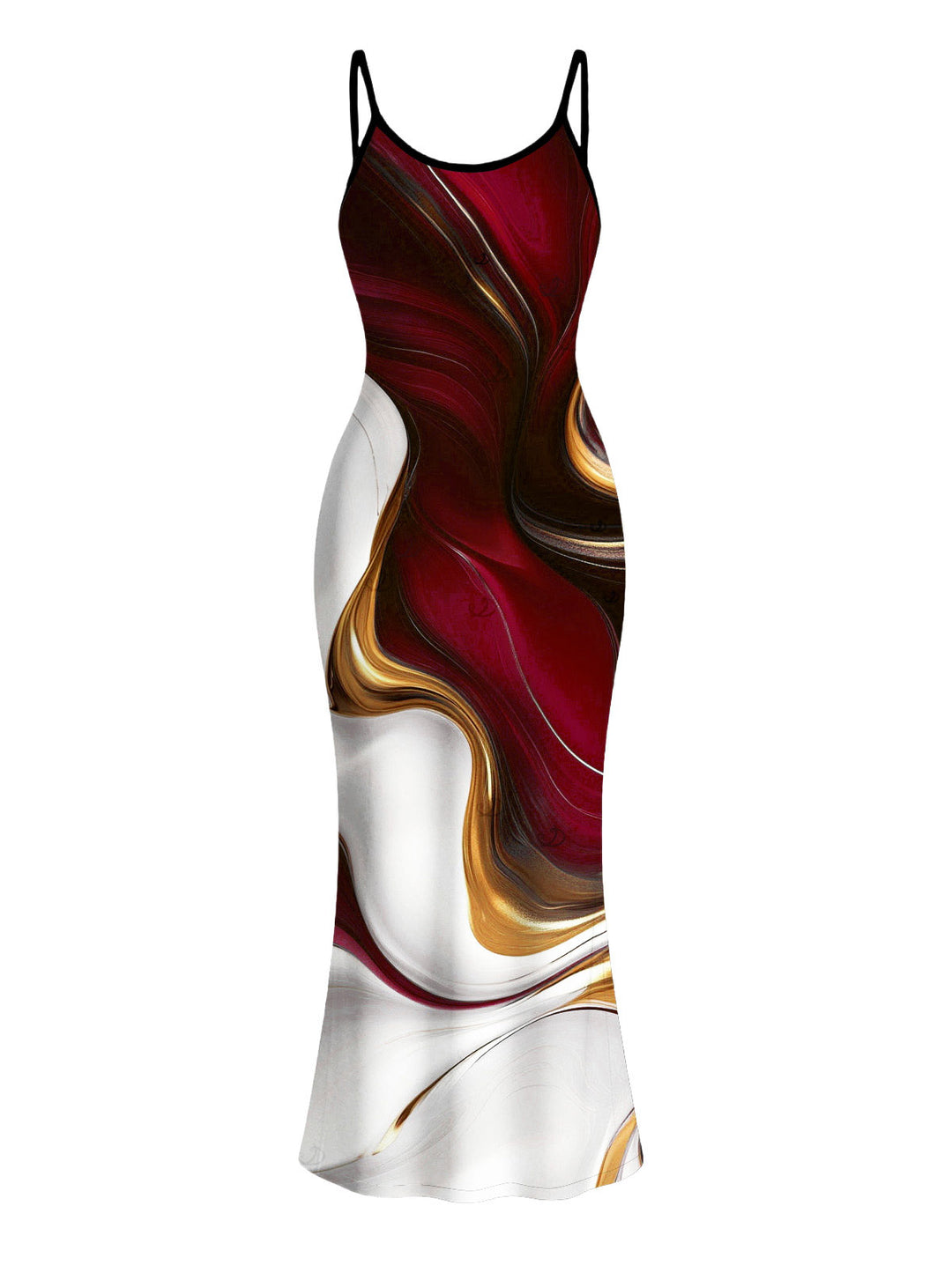 Gold Fluid Abstract Marble Print Spaghetti Strap Maxi Bodycon Vacation Dress