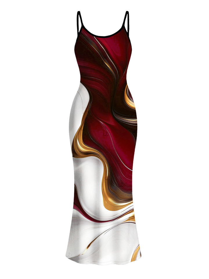 Gold Fluid Abstract Marble Print Spaghetti Strap Maxi Bodycon Vacation Dress
