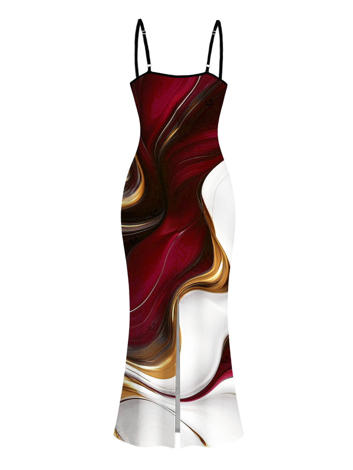 Gold Fluid Abstract Marble Print Spaghetti Strap Maxi Bodycon Vacation Dress