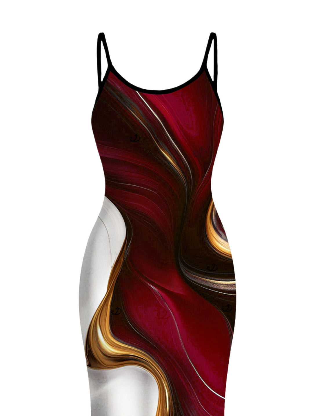 Gold Fluid Abstract Marble Print Spaghetti Strap Maxi Bodycon Vacation Dress