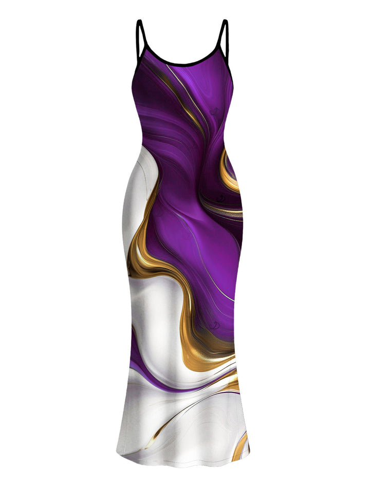 Gold Fluid Abstract Marble Print Spaghetti Strap Maxi Bodycon Vacation Dress