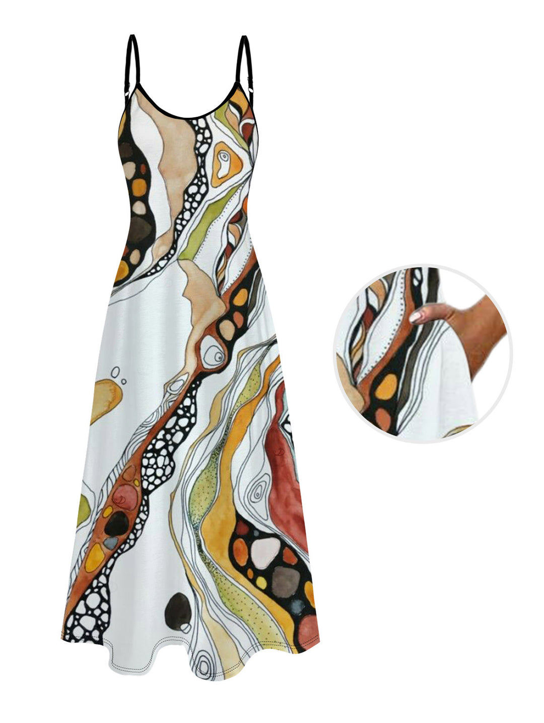 Vintage Hand-Painted Abstract Fluid Print Pocket Spaghetti Strap Vacation Dress