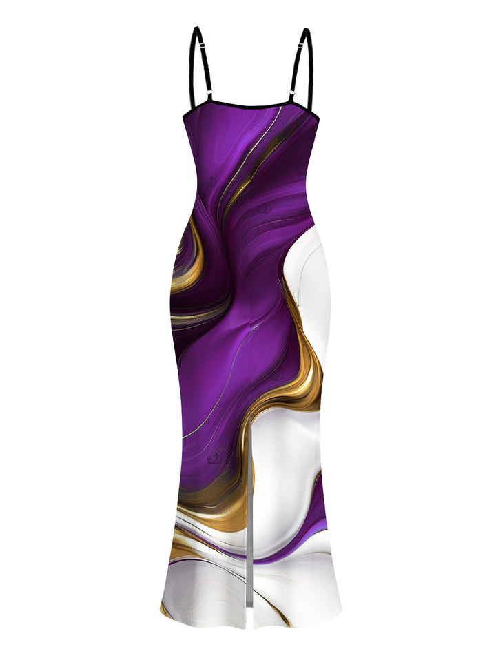 Gold Fluid Abstract Marble Print Spaghetti Strap Maxi Bodycon Vacation Dress