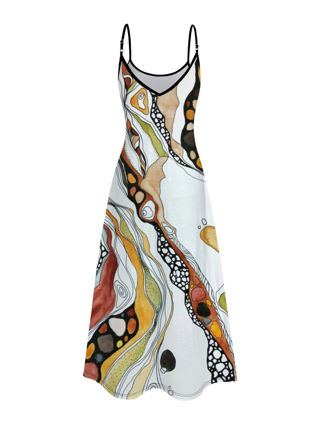 Vintage Hand-Painted Abstract Fluid Print Pocket Spaghetti Strap Vacation Dress