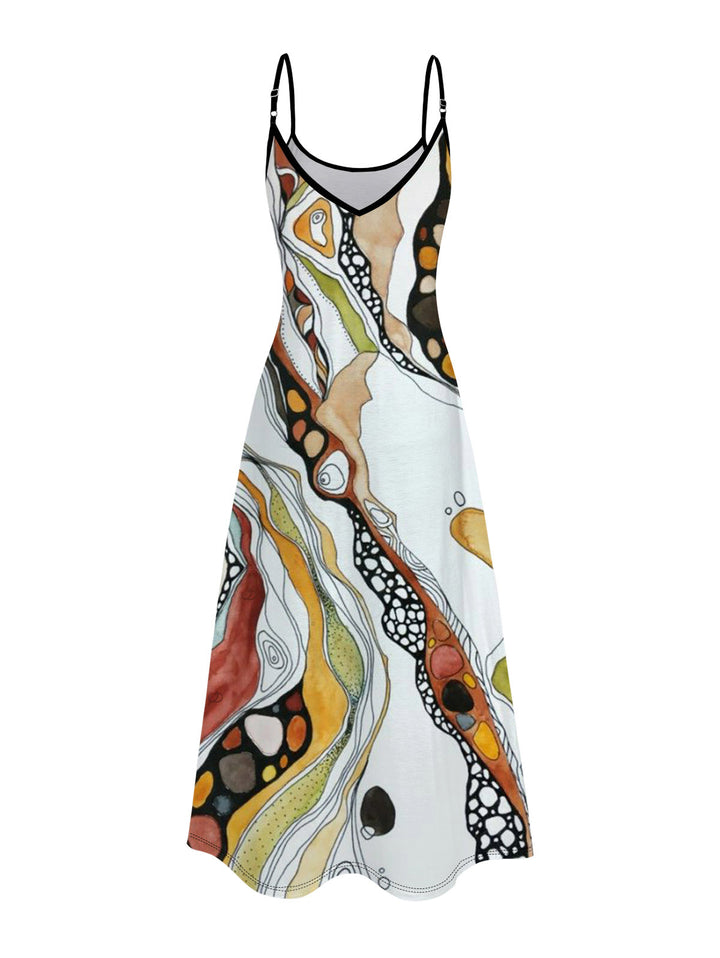 Vintage Hand-Painted Abstract Fluid Print Pocket Spaghetti Strap Vacation Dress