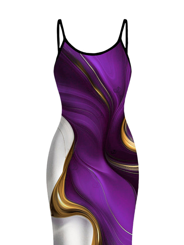 Gold Fluid Abstract Marble Print Spaghetti Strap Maxi Bodycon Vacation Dress