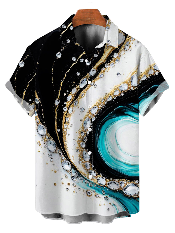 Men's Metallic Gold Fluid Marble Swirl Ink Wash Print Button Up Vacation Shirt