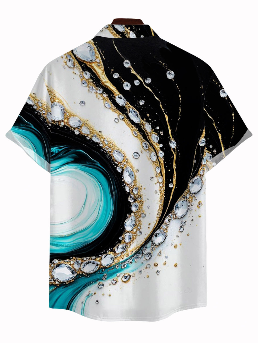 Men's Metallic Gold Fluid Marble Swirl Ink Wash Print Button Up Vacation Shirt