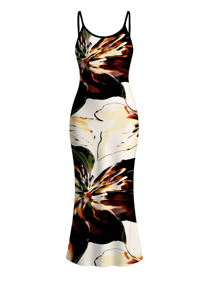 Splash Ink Floral Print Spaghetti Strap Maxi Bodycon Vacation Dress