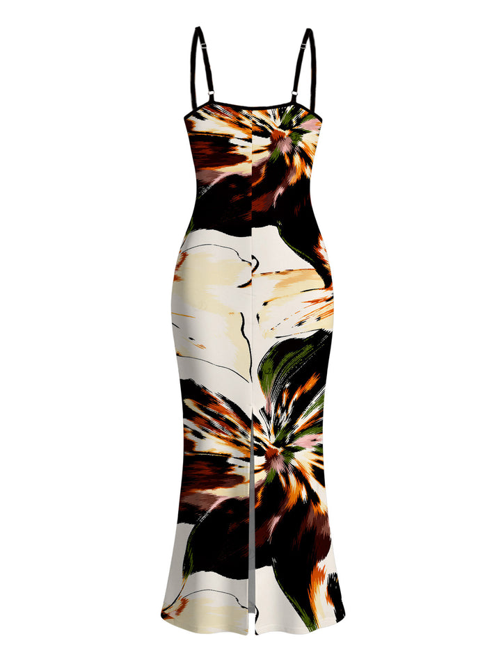 Splash Ink Floral Print Spaghetti Strap Maxi Bodycon Vacation Dress