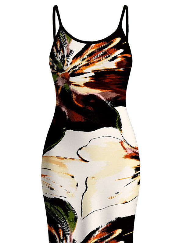 Splash Ink Floral Print Spaghetti Strap Maxi Bodycon Vacation Dress